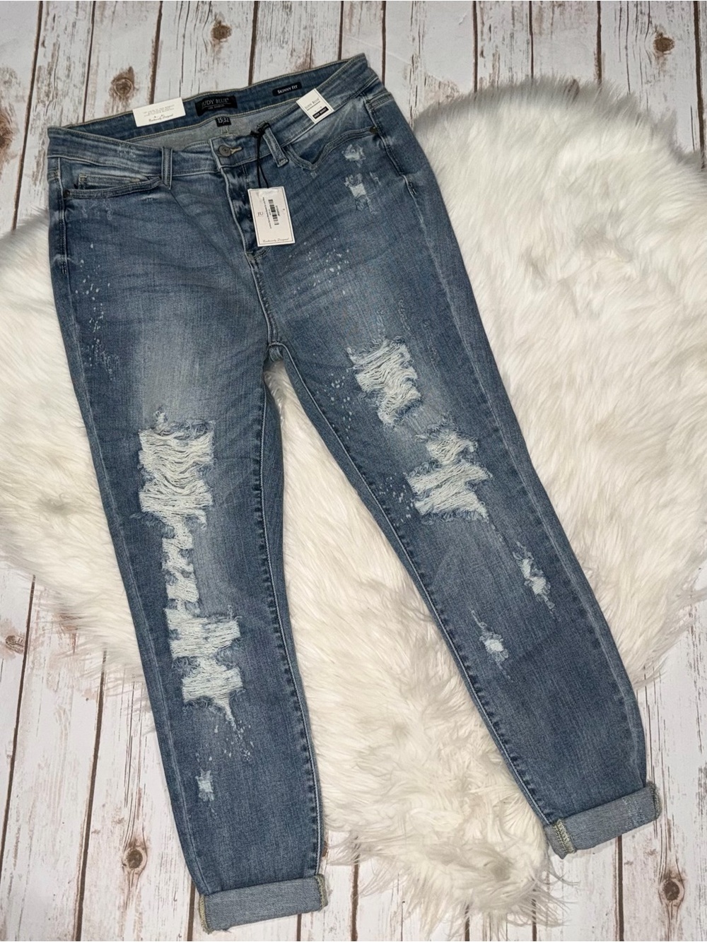Judy Blue Jeans Womens 15/32 Skinny High-Rise Light Wash Bleach Splash Destroyed